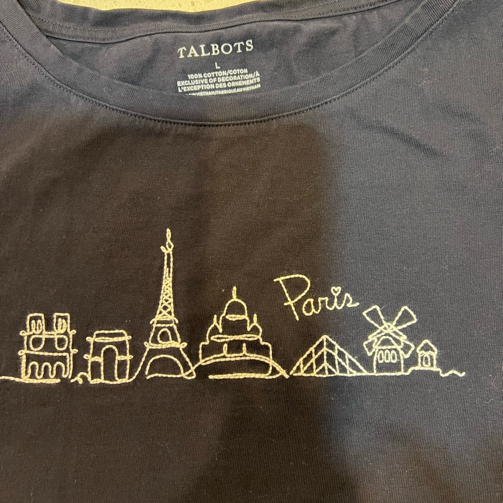 Talbots Navy Blue Paris Skyline Embroidered Tee - Picture 2 of 7